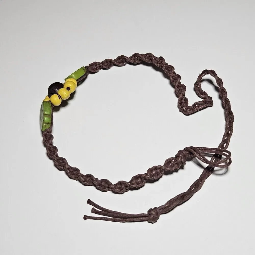 Yellow Daisy Wooden Flower Beaded Bracelet Brown Cord Adjustable